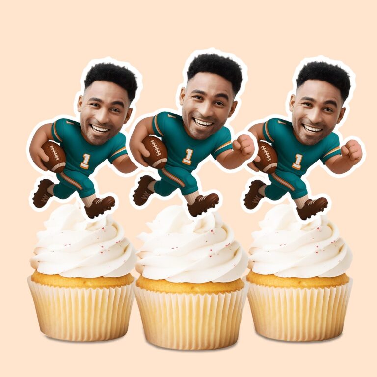 Custom Teal-Uniform Football Ball Carrier Face Cutout – Cupcake Topper Custom Teal-Uniform Football Ball Carrier Face Cutout shown on a cupcake topper mockup