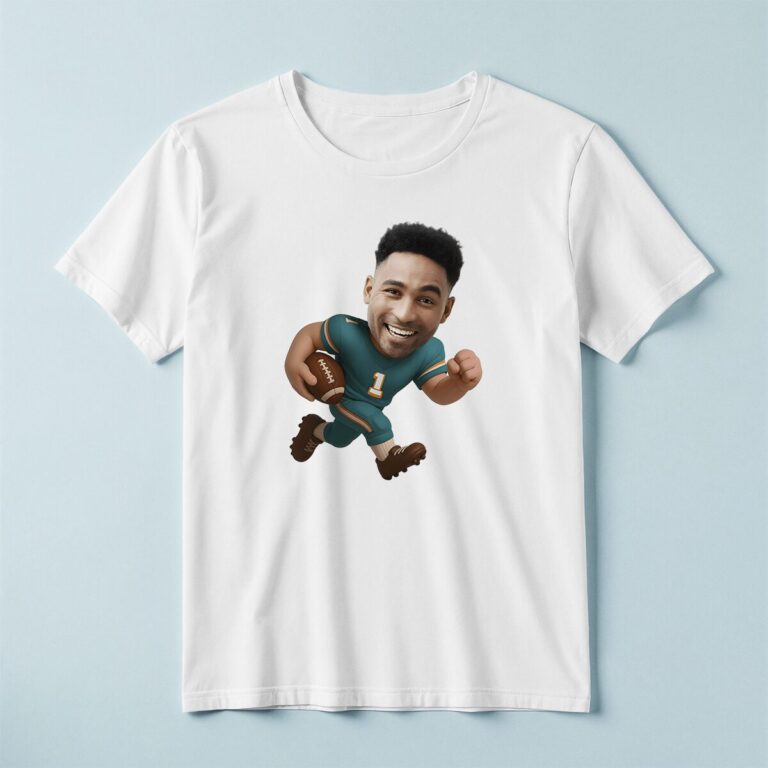 Custom Teal-Uniform Football Ball Carrier Face Cutout – T-shirt Custom Teal-Uniform Football Ball Carrier Face Cutout shown on a T-shirt mockup