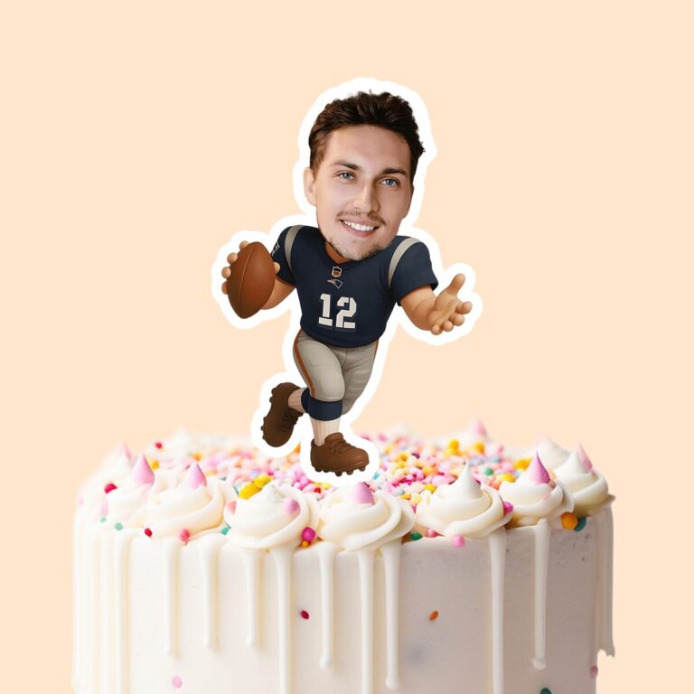 Custom Navy Number 12 Football Runner Face Cutout – Cake Topper Custom Navy Number 12 Football Runner Face Cutout shown on a cake topper mockup