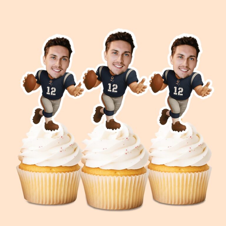Custom Navy Number 12 Football Runner Face Cutout – Cupcake Topper Custom Navy Number 12 Football Runner Face Cutout shown on a cupcake topper mockup