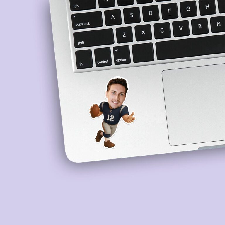 Custom Navy Number 12 Football Runner Face Cutout – Sticker Custom Navy Number 12 Football Runner Face Cutout shown on a sticker mockup