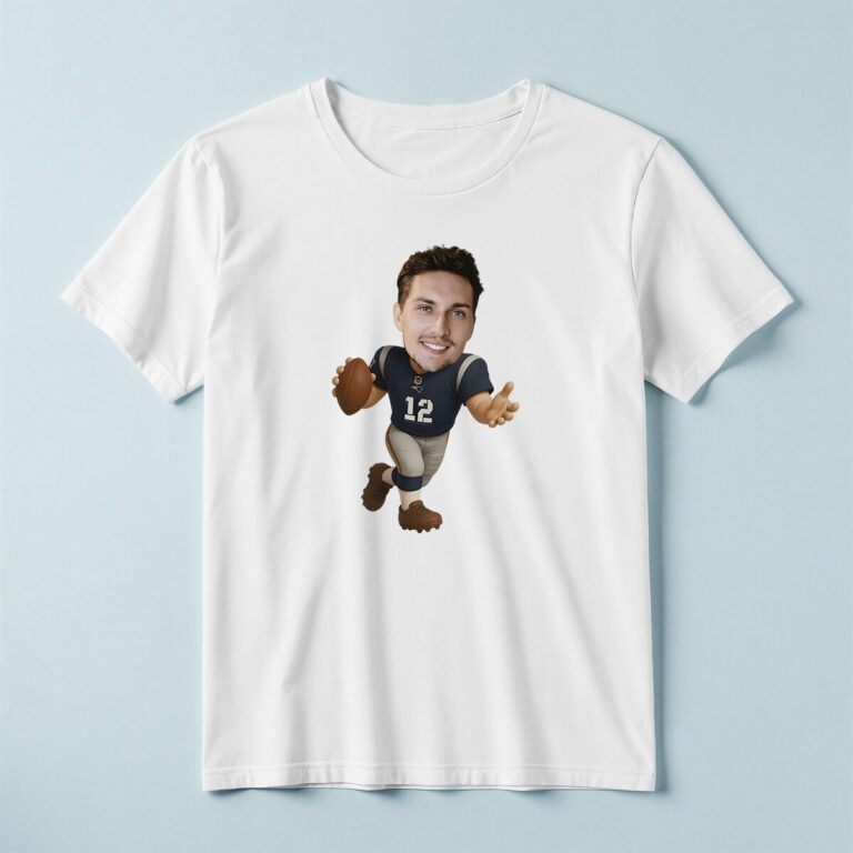 Custom Navy Number 12 Football Runner Face Cutout – T-shirt Custom Navy Number 12 Football Runner Face Cutout shown on a T-shirt mockup