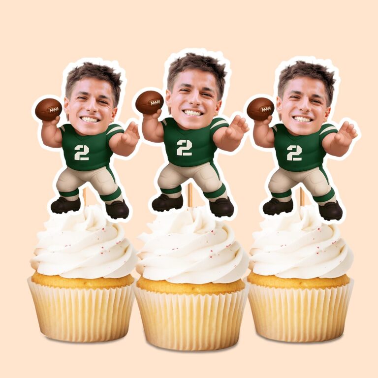 Custom Green Number 2 Football Runner Face Cutout – Cupcake Topper Custom Green Number 2 Football Runner Face Cutout shown on a cupcake topper mockup