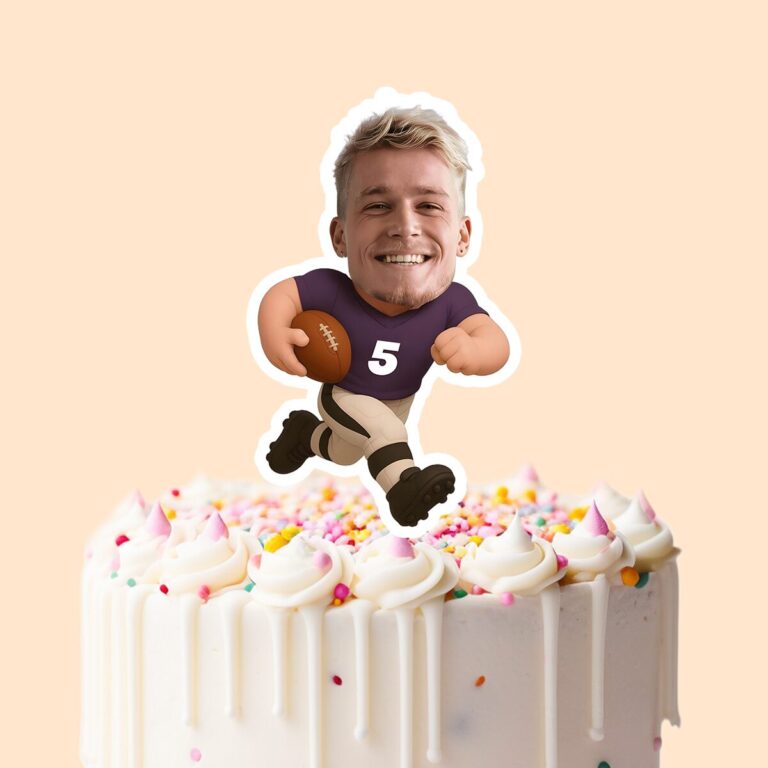 Custom Purple Number 5 Football Ball Carrier Face Cutout – Cake Topper Custom Purple Number 5 Football Ball Carrier Face Cutout shown on a cake topper mockup