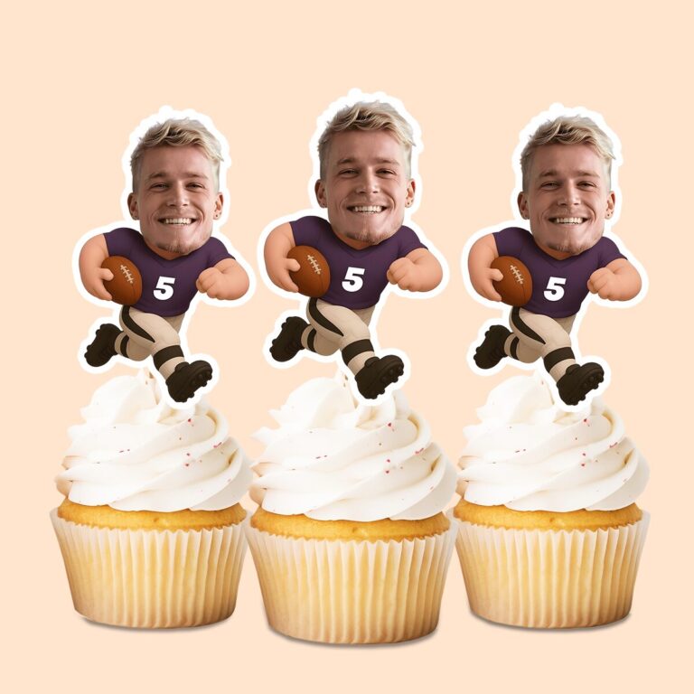 Custom Purple Number 5 Football Ball Carrier Face Cutout – Cupcake Topper Custom Purple Number 5 Football Ball Carrier Face Cutout shown on a cupcake topper mockup
