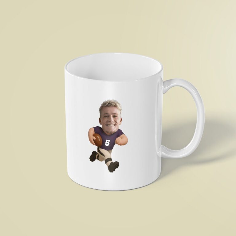 Custom Purple Number 5 Football Ball Carrier Face Cutout – Mug Custom Purple Number 5 Football Ball Carrier Face Cutout shown on a mug mockup