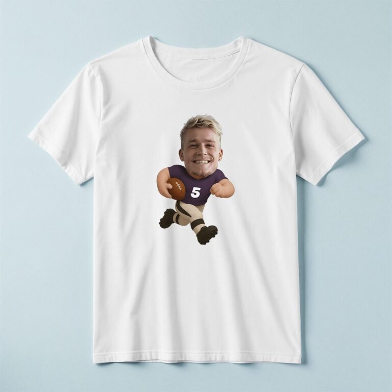 Custom Purple Number 5 Football Ball Carrier Face Cutout – T-shirt Custom Purple Number 5 Football Ball Carrier Face Cutout shown on a T-shirt mockup