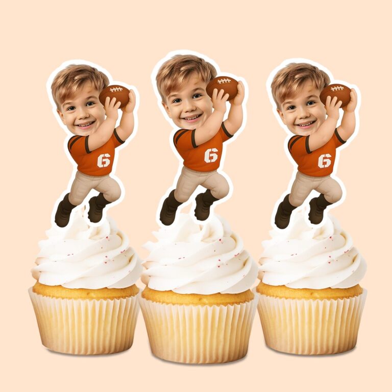 Custom Orange Number 6 Football Runner Face Cutout – Cupcake Topper Custom Orange Number 6 Football Runner Face Cutout shown on a cupcake topper mockup