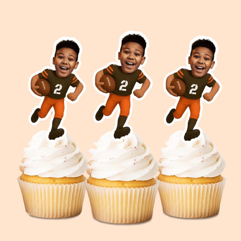 Custom Brown Number 2 Football Runner Face Cutout – Cupcake Topper Custom Brown Number 2 Football Runner Face Cutout shown on a cupcake topper mockup