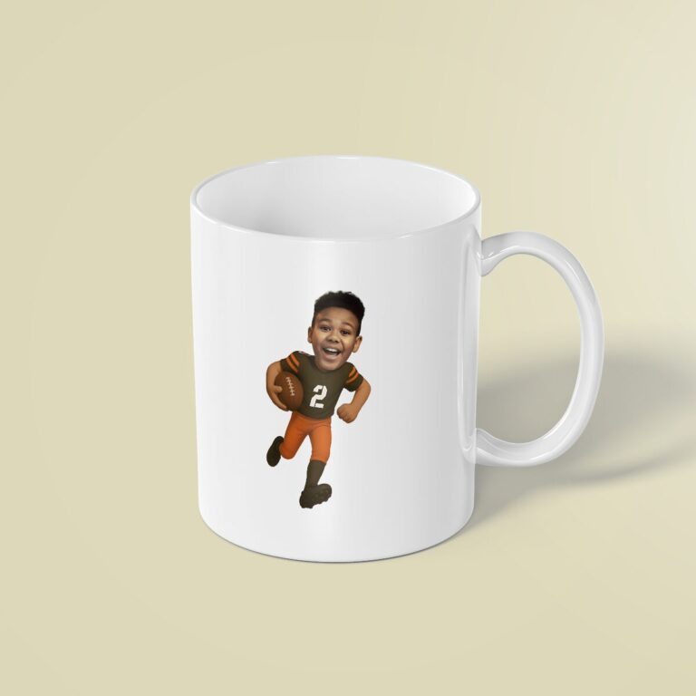 Custom Brown Number 2 Football Runner Face Cutout – Mug Custom Brown Number 2 Football Runner Face Cutout shown on a mug mockup