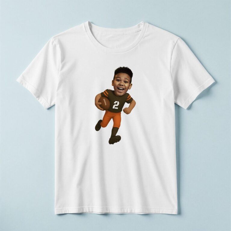 Custom Brown Number 2 Football Runner Face Cutout – T-shirt Custom Brown Number 2 Football Runner Face Cutout shown on a T-shirt mockup