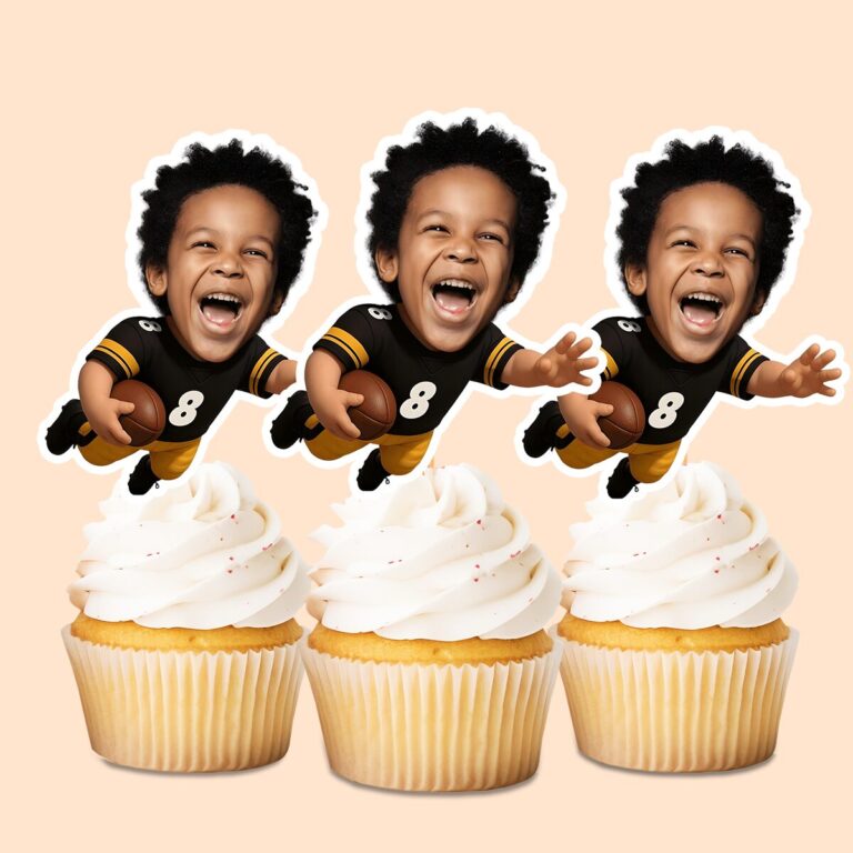 Custom Black Number 8 Diving Ball Carrier Face Cutout – Cupcake Topper Custom Black Number 8 Diving Ball Carrier Face Cutout shown on a cupcake topper mockup