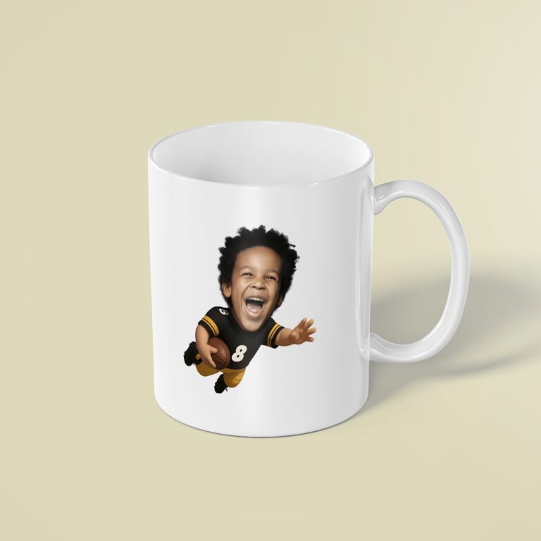 Custom Black Number 8 Diving Ball Carrier Face Cutout – Mug Custom Black Number 8 Diving Ball Carrier Face Cutout shown on a mug mockup