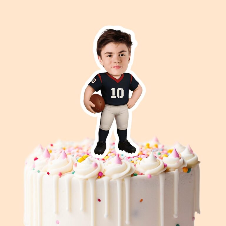 Custom Black-And-Red Number 10 Football Player Face Cutout – Cake Topper Custom Black-And-Red Number 10 Football Player Face Cutout shown on a cake topper mockup