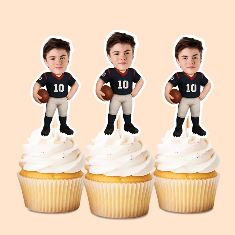 Custom Black-And-Red Number 10 Football Player Face Cutout – Cupcake Topper Custom Black-And-Red Number 10 Football Player Face Cutout shown on a cupcake topper mockup