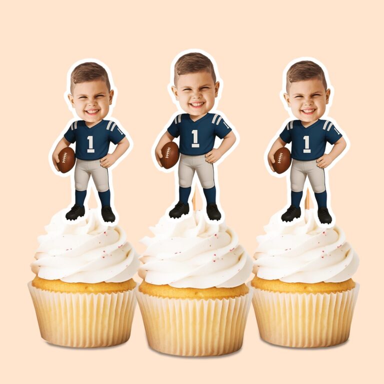 Custom Navy Number 1 Football Player Face Cutout – Cupcake Topper Custom Navy Number 1 Football Player Face Cutout shown on a cupcake topper mockup
