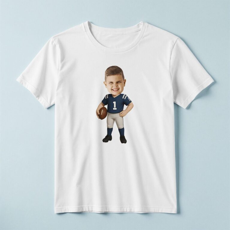 Custom Navy Number 1 Football Player Face Cutout – T-shirt Custom Navy Number 1 Football Player Face Cutout shown on a T-shirt mockup