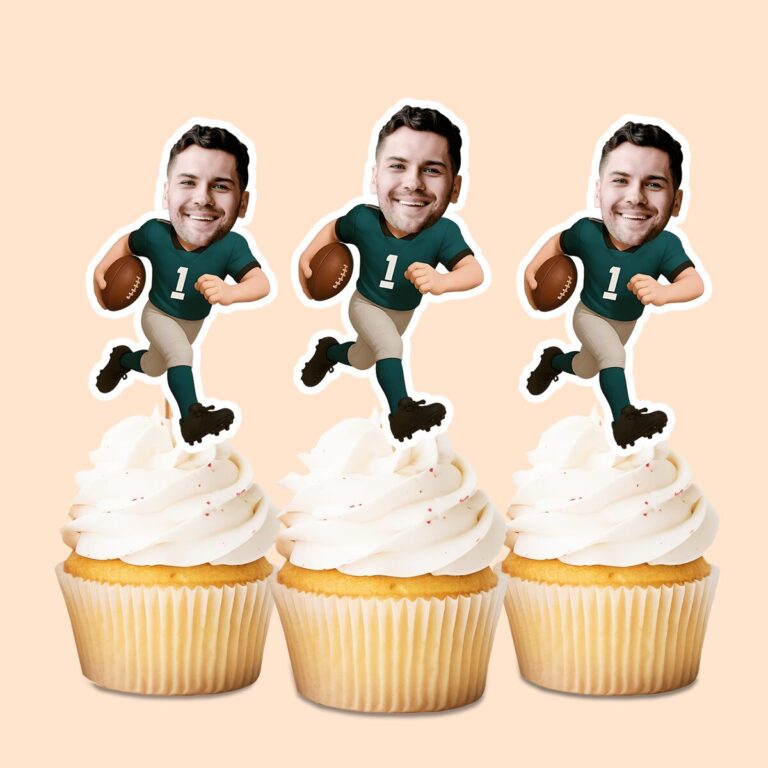 Custom Green Number 1 Football Runner Face Cutout – Cupcake Topper Custom Green Number 1 Football Runner Face Cutout shown on a cupcake topper mockup