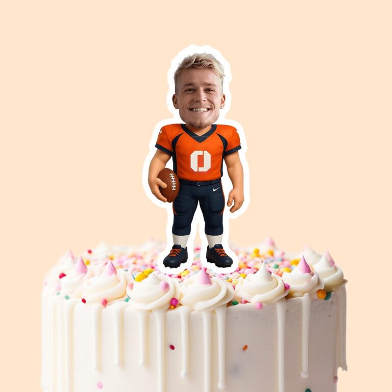 Custom Orange Number 0 Football Player Face Cutout – Cake Topper Custom Orange Number 0 Football Player Face Cutout shown on a cake topper mockup