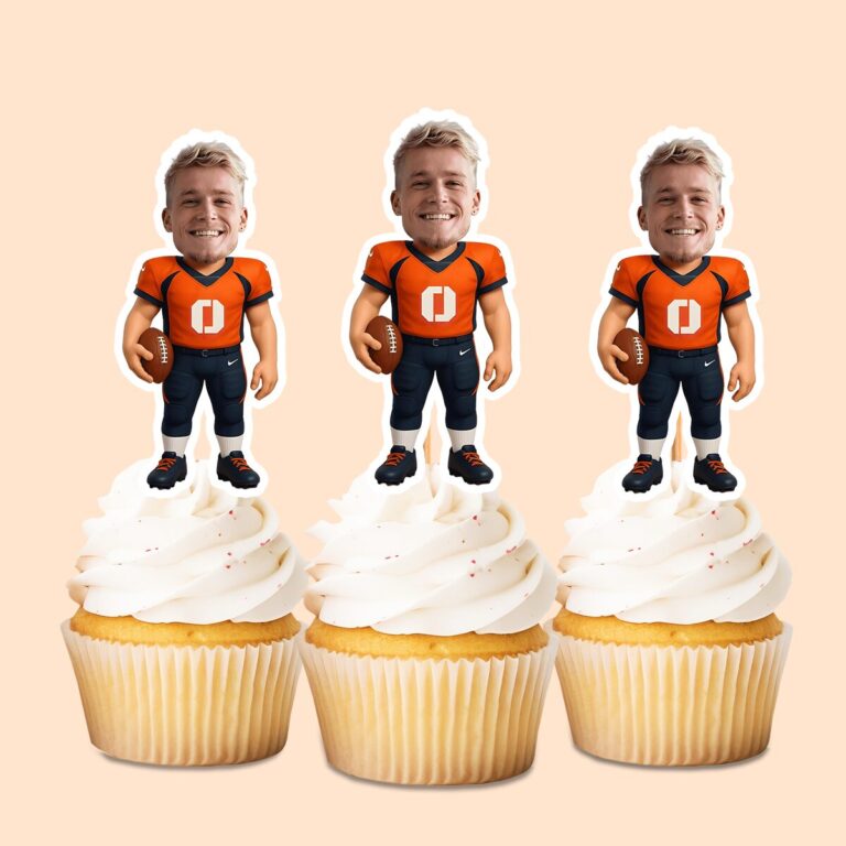 Custom Orange Number 0 Football Player Face Cutout – Cupcake Topper Custom Orange Number 0 Football Player Face Cutout shown on a cupcake topper mockup