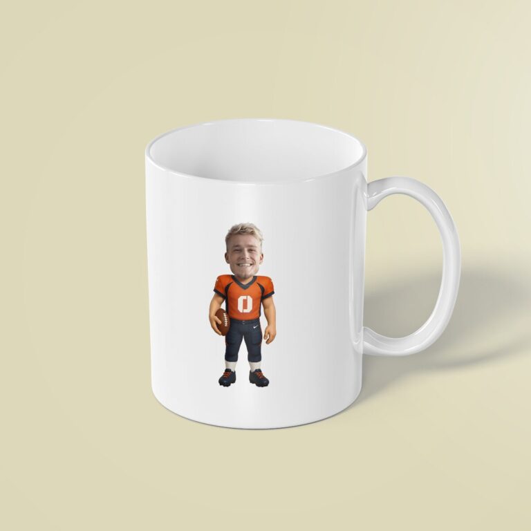 Custom Orange Number 0 Football Player Face Cutout – Mug Custom Orange Number 0 Football Player Face Cutout shown on a mug mockup