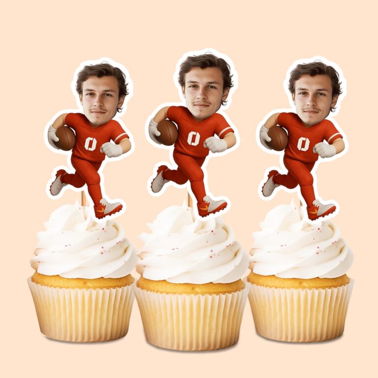 Custom Red Number 0 Football Runner Face Cutout – Cupcake Topper Custom Red Number 0 Football Runner Face Cutout shown on a cupcake topper mockup