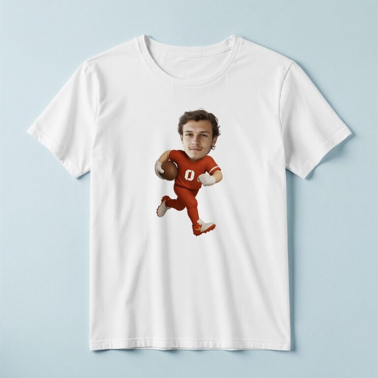 Custom Red Number 0 Football Runner Face Cutout – T-shirt Custom Red Number 0 Football Runner Face Cutout shown on a T-shirt mockup