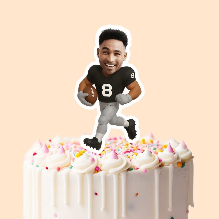 Custom Black Number 8 Football Runner Face Cutout – Cake Topper Custom Black Number 8 Football Runner Face Cutout shown on a cake topper mockup