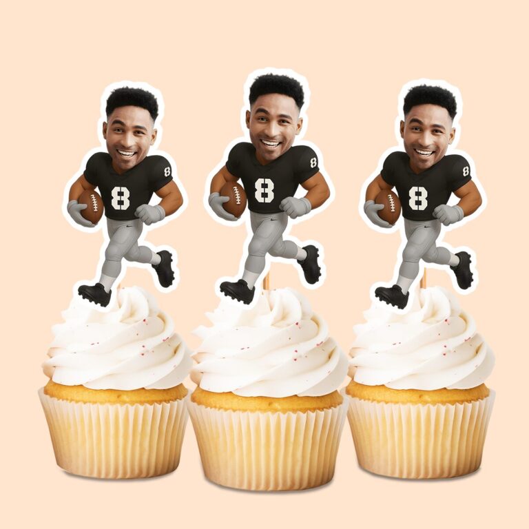Custom Black Number 8 Football Runner Face Cutout – Cupcake Topper Custom Black Number 8 Football Runner Face Cutout shown on a cupcake topper mockup