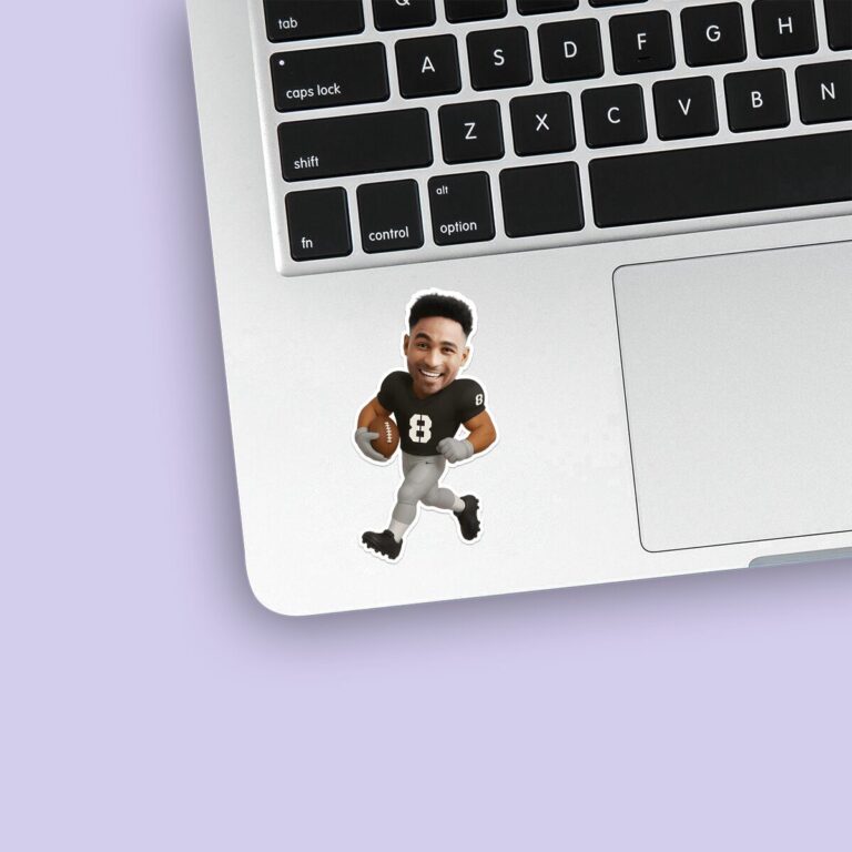 Custom Black Number 8 Football Runner Face Cutout – Sticker Custom Black Number 8 Football Runner Face Cutout shown on a sticker mockup