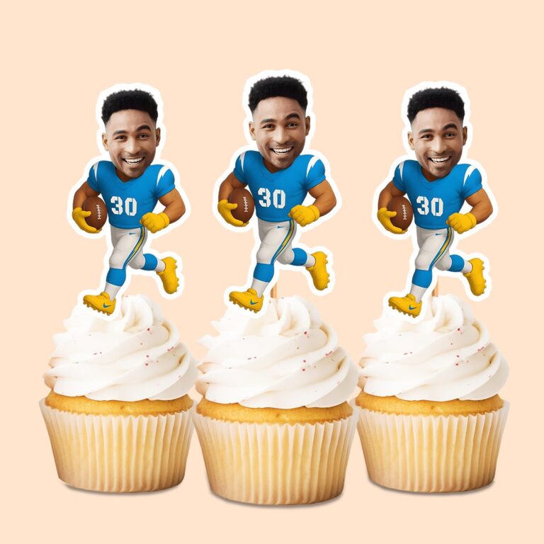 Custom Blue Number 30 Football Runner Face Cutout – Cupcake Topper Custom Blue Number 30 Football Runner Face Cutout shown on a cupcake topper mockup