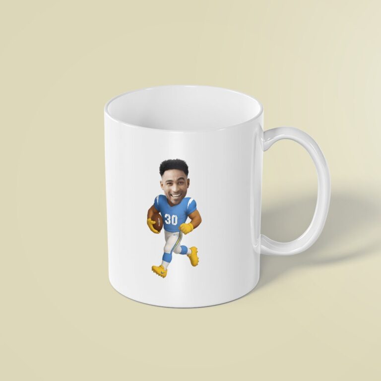 Custom Blue Number 30 Football Runner Face Cutout – Mug Custom Blue Number 30 Football Runner Face Cutout shown on a mug mockup