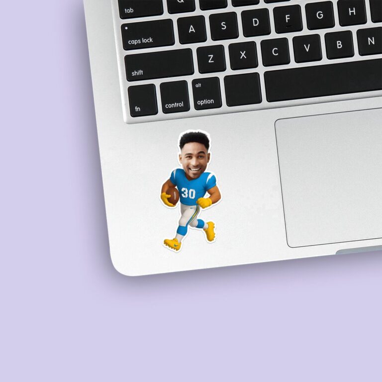 Custom Blue Number 30 Football Runner Face Cutout – Sticker Custom Blue Number 30 Football Runner Face Cutout shown on a sticker mockup