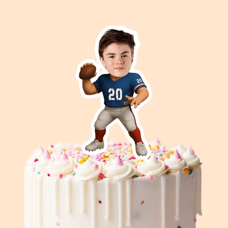 Custom Blue Number 20 Football Player Face Cutout – Cake Topper Custom Blue Number 20 Football Player Face Cutout shown on a cake topper mockup