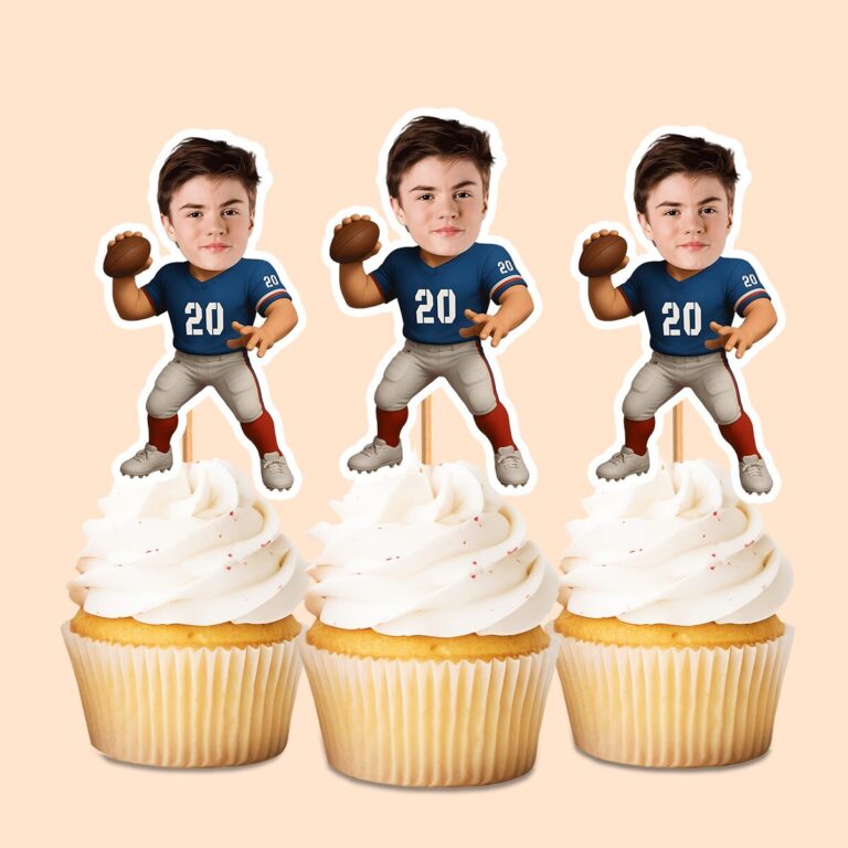 Custom Blue Number 20 Football Player Face Cutout – Cupcake Topper Custom Blue Number 20 Football Player Face Cutout shown on a cupcake topper mockup