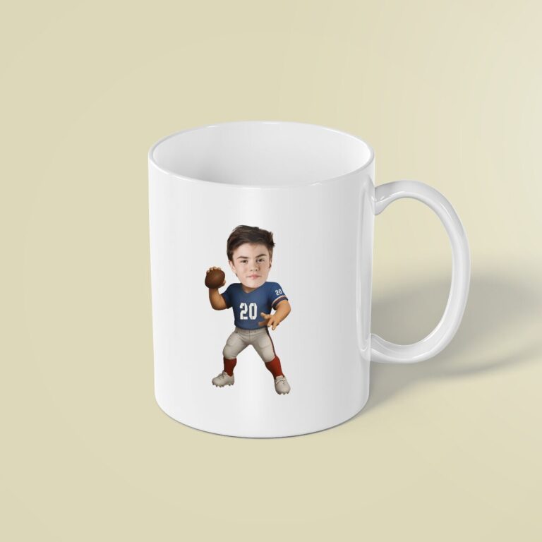 Custom Blue Number 20 Football Player Face Cutout – Mug Custom Blue Number 20 Football Player Face Cutout shown on a mug mockup