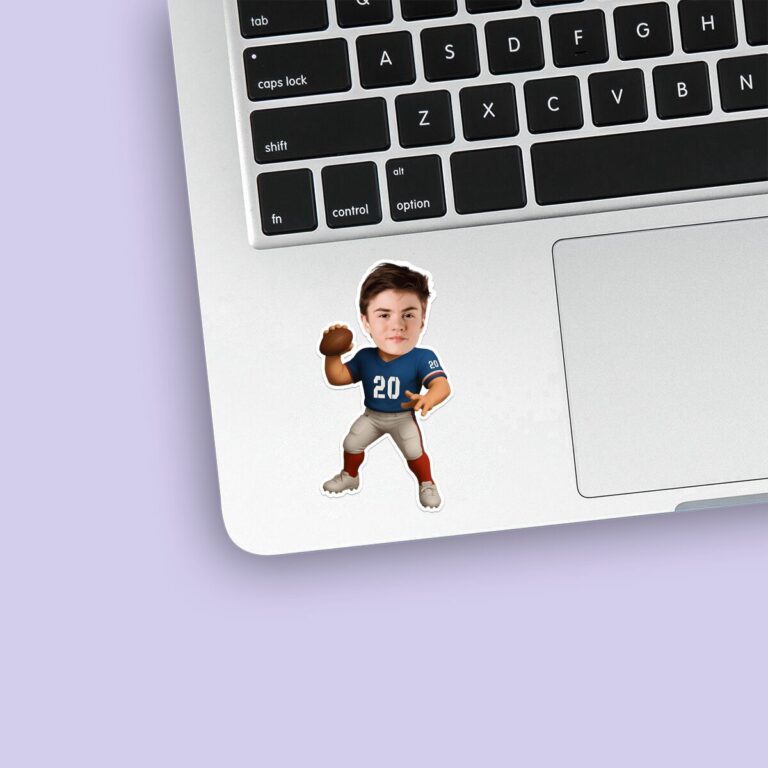 Custom Blue Number 20 Football Player Face Cutout – Sticker Custom Blue Number 20 Football Player Face Cutout shown on a sticker mockup