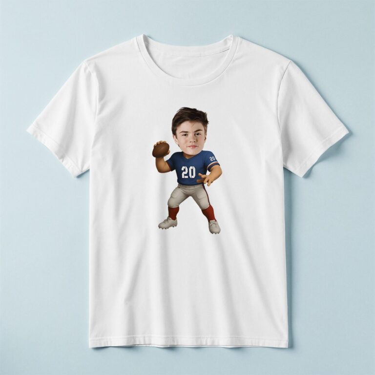 Custom Blue Number 20 Football Player Face Cutout – T-shirt Custom Blue Number 20 Football Player Face Cutout shown on a T-shirt mockup