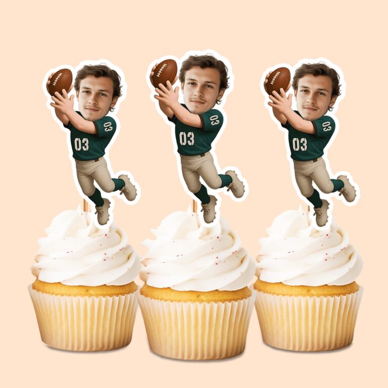 Custom Green Number 03 Football Receiver Face Cutout – Cupcake Topper Custom Green Number 03 Football Receiver Face Cutout shown on a cupcake topper mockup