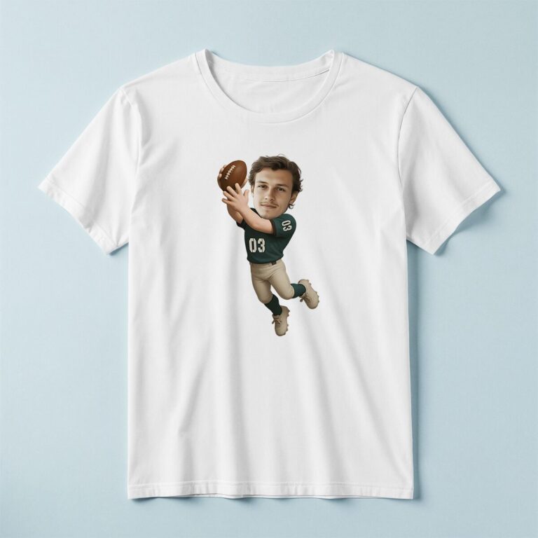 Custom Green Number 03 Football Receiver Face Cutout – T-shirt Custom Green Number 03 Football Receiver Face Cutout shown on a T-shirt mockup