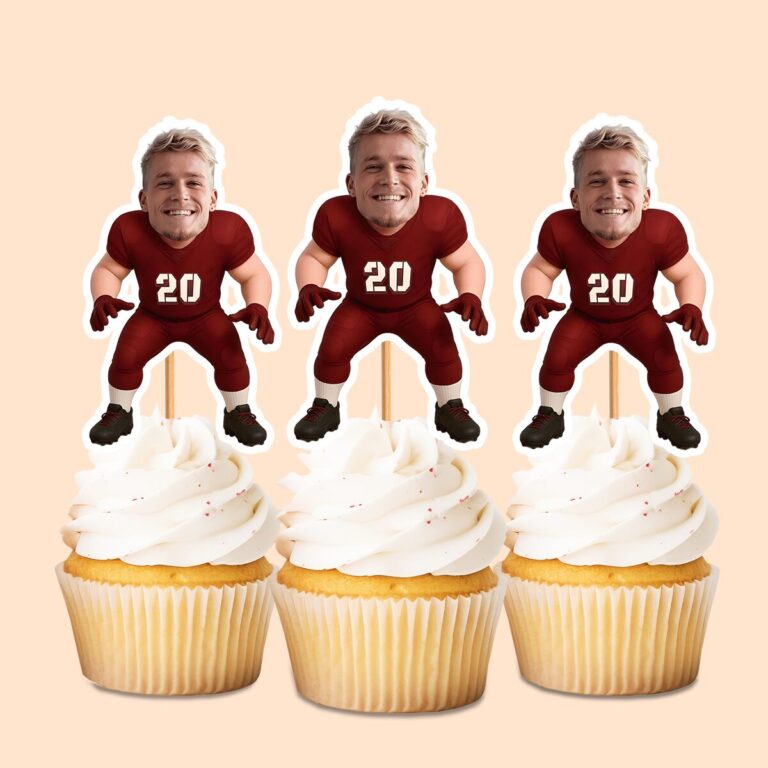 Custom Red Number 20 Defensive Player Face Cutout – Cupcake Topper Custom Red Number 20 Defensive Player Face Cutout shown on a cupcake topper mockup