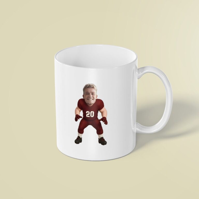 Custom Red Number 20 Defensive Player Face Cutout – Mug Custom Red Number 20 Defensive Player Face Cutout shown on a mug mockup
