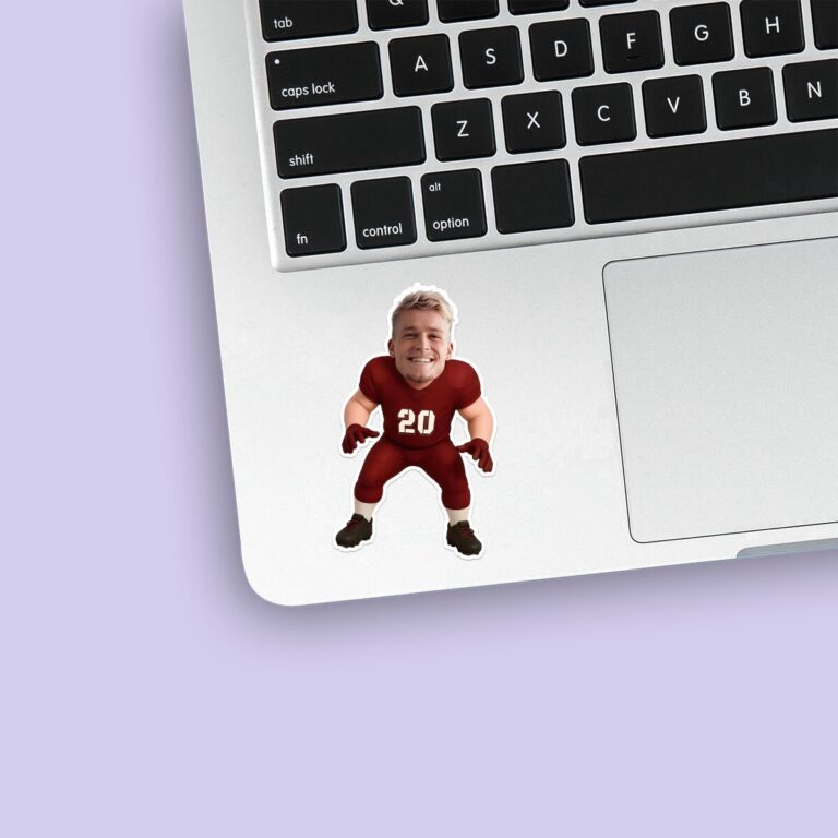 Custom Red Number 20 Defensive Player Face Cutout – Sticker Custom Red Number 20 Defensive Player Face Cutout shown on a sticker mockup