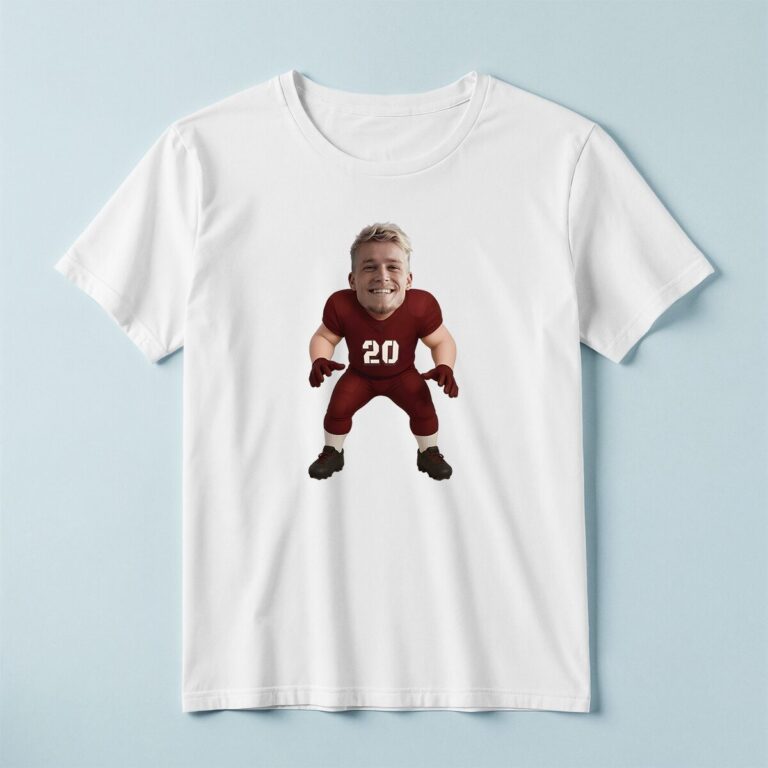 Custom Red Number 20 Defensive Player Face Cutout – T-shirt Custom Red Number 20 Defensive Player Face Cutout shown on a T-shirt mockup