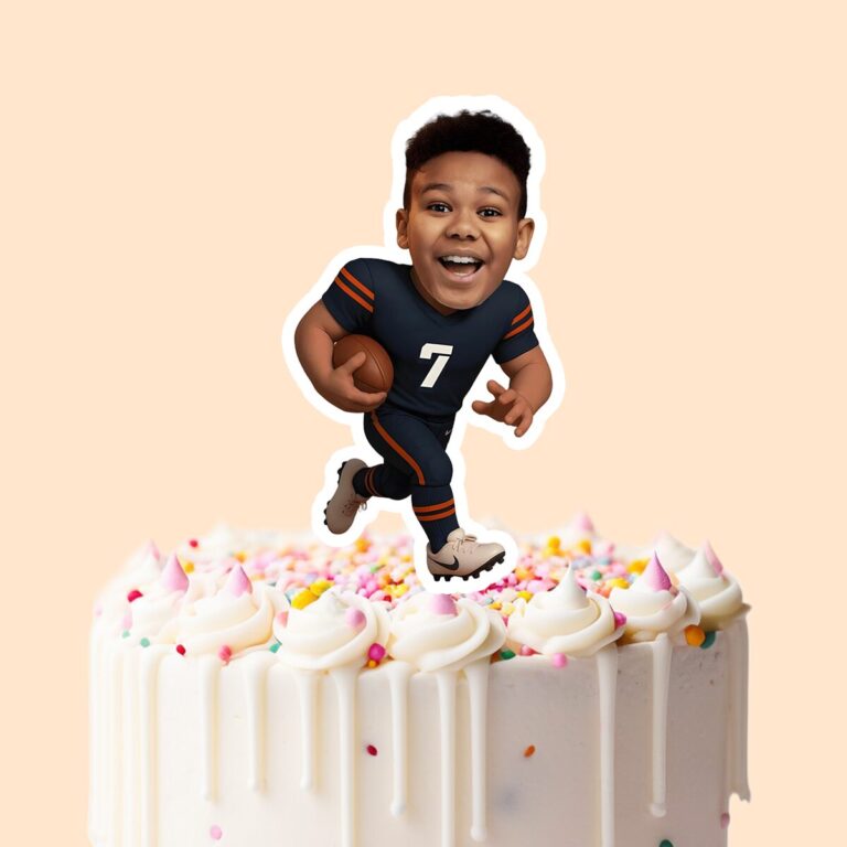 Custom Navy Number 7 Football Runner Face Cutout – Cake Topper Custom Navy Number 7 Football Runner Face Cutout shown on a cake topper mockup