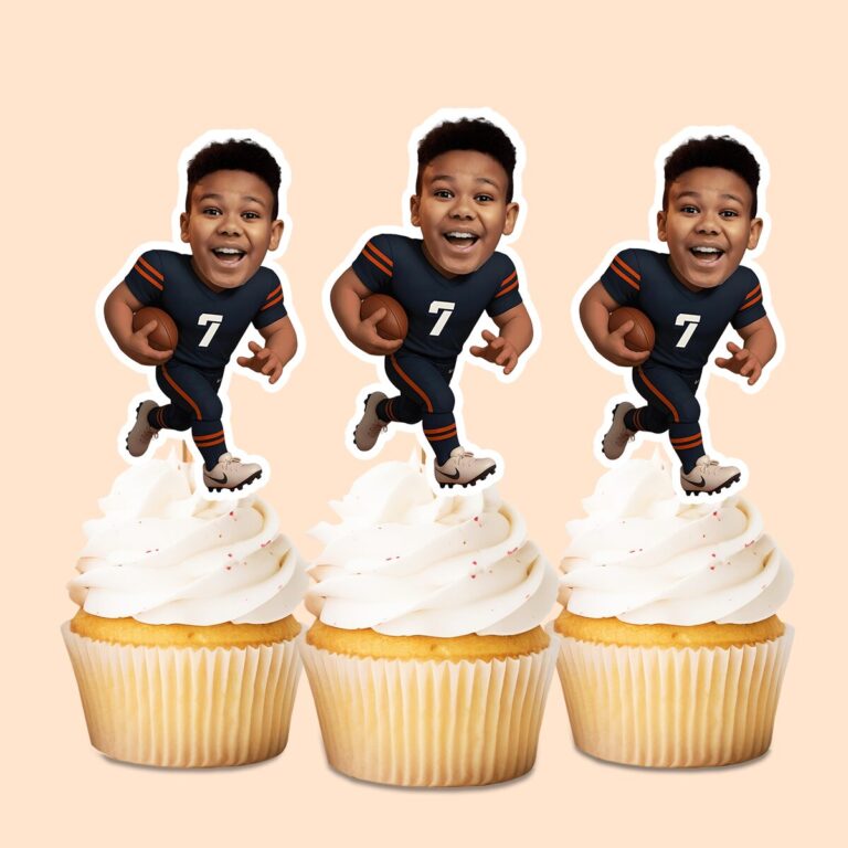 Custom Navy Number 7 Football Runner Face Cutout – Cupcake Topper Custom Navy Number 7 Football Runner Face Cutout shown on a cupcake topper mockup