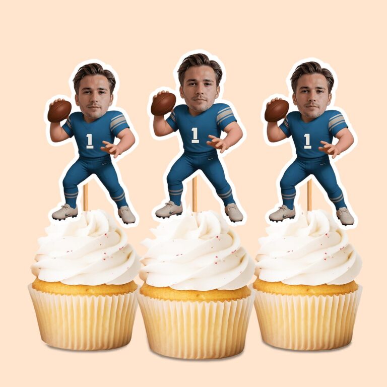 Custom Blue Number 1 Passing Player Face Cutout – Cupcake Topper Custom Blue Number 1 Passing Player Face Cutout shown on a cupcake topper mockup