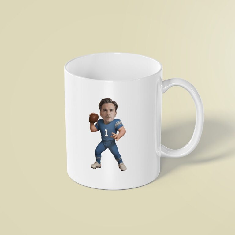 Custom Blue Number 1 Passing Player Face Cutout – Mug Custom Blue Number 1 Passing Player Face Cutout shown on a mug mockup