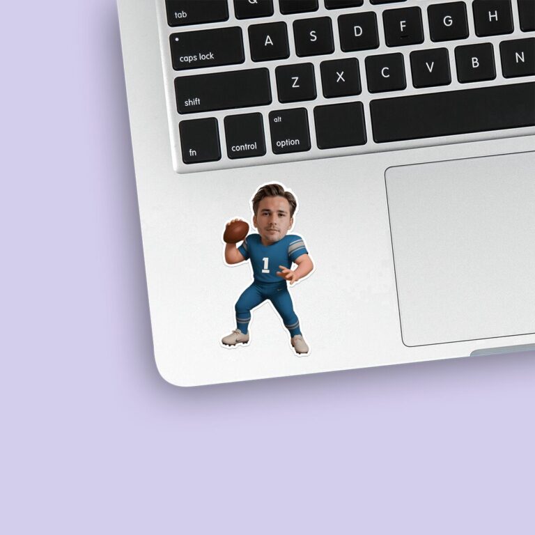 Custom Blue Number 1 Passing Player Face Cutout – Sticker Custom Blue Number 1 Passing Player Face Cutout shown on a sticker mockup