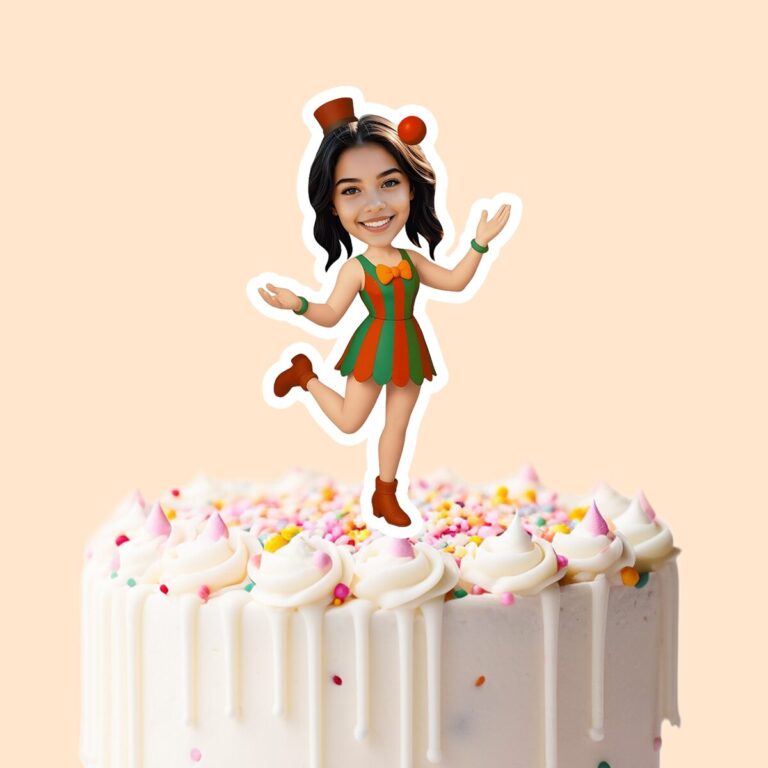 Custom Colorful Circus Performer Face Cutout – Cake Topper Custom Colorful Circus Performer Face Cutout shown on a cake topper mockup